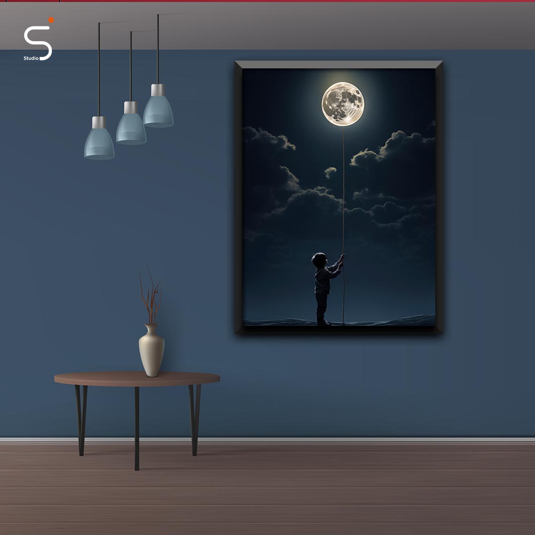 Child holding the moon frame without border